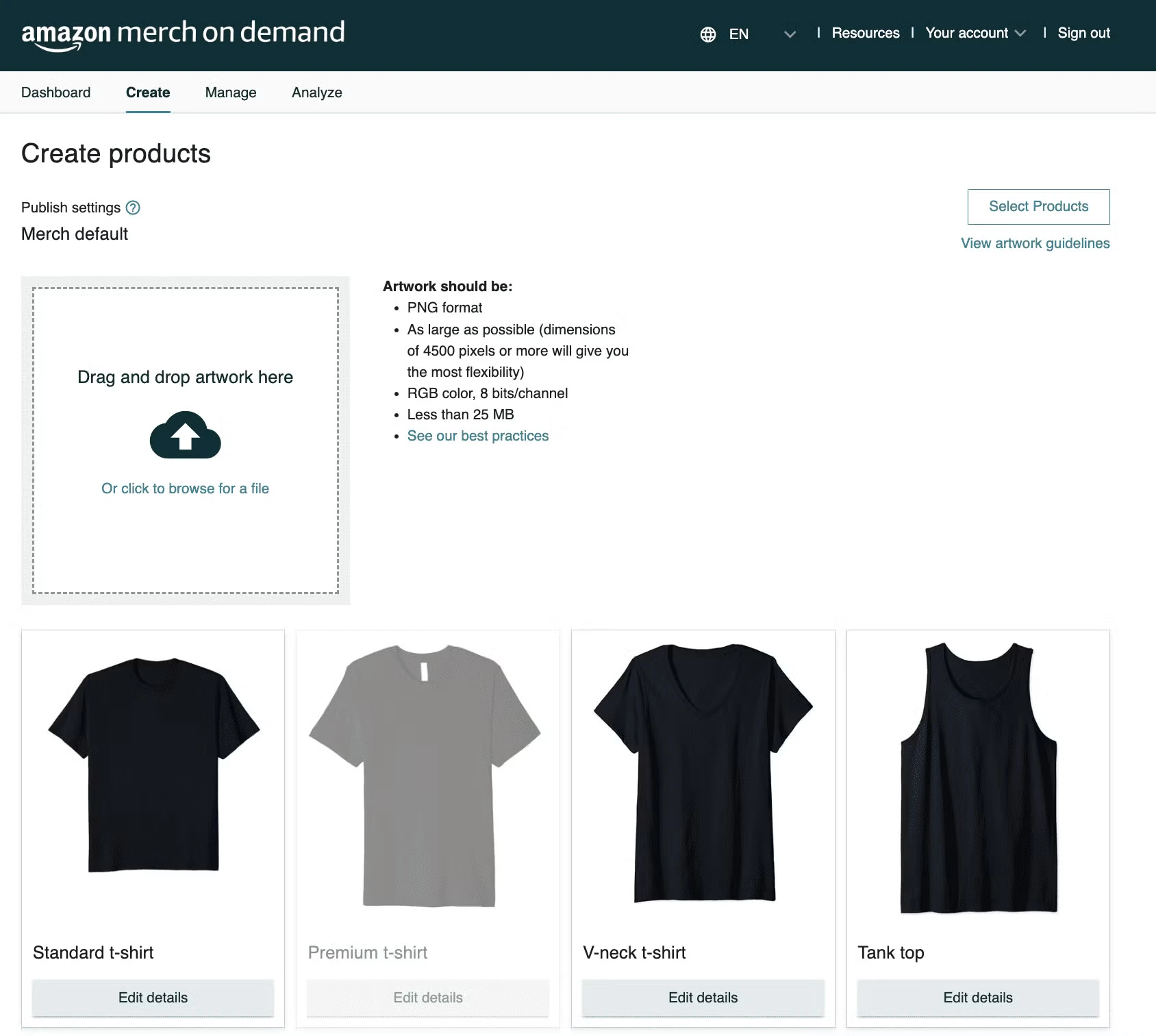creating product in amazon merch on demand dashboard
