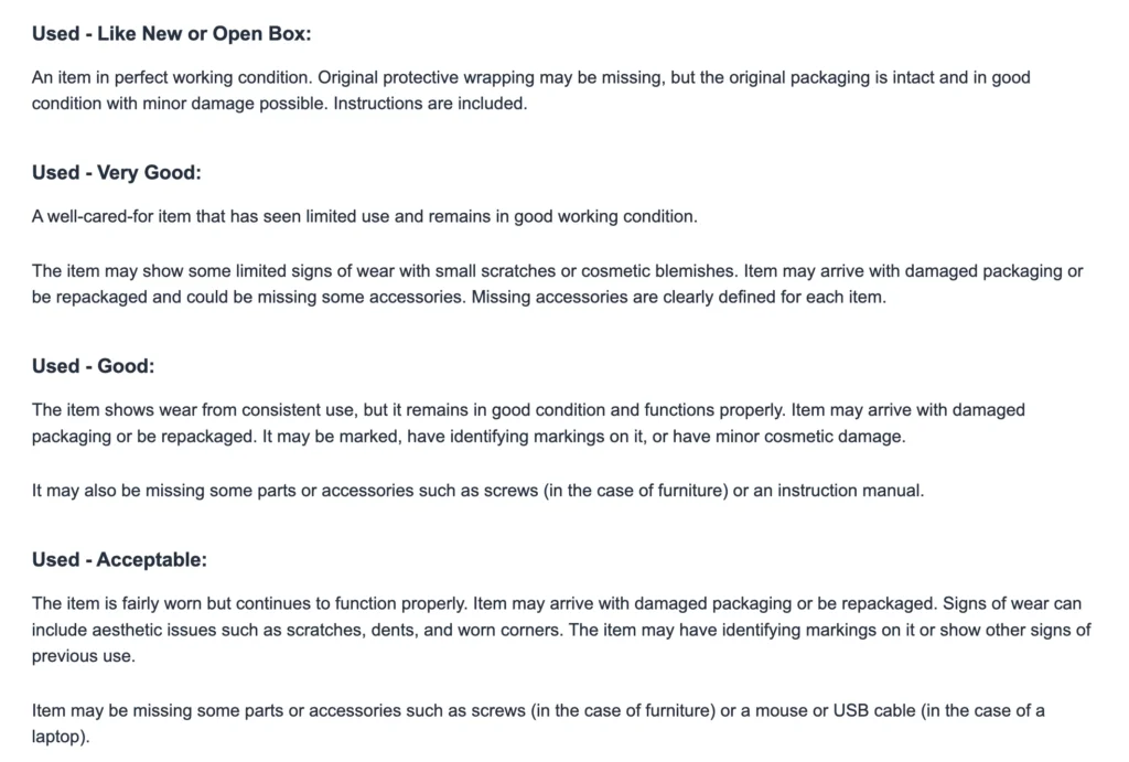 amazon used condition subcategories