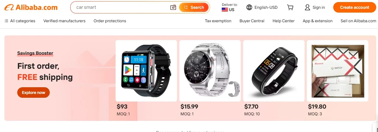 image of AliBaba website a shopify dropshipping supplier
