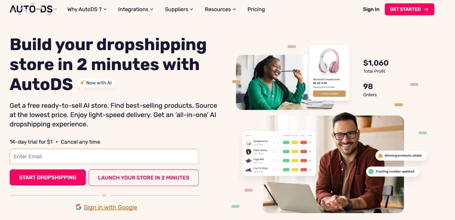 image of AutoDS website a shopify dropshipping supplier