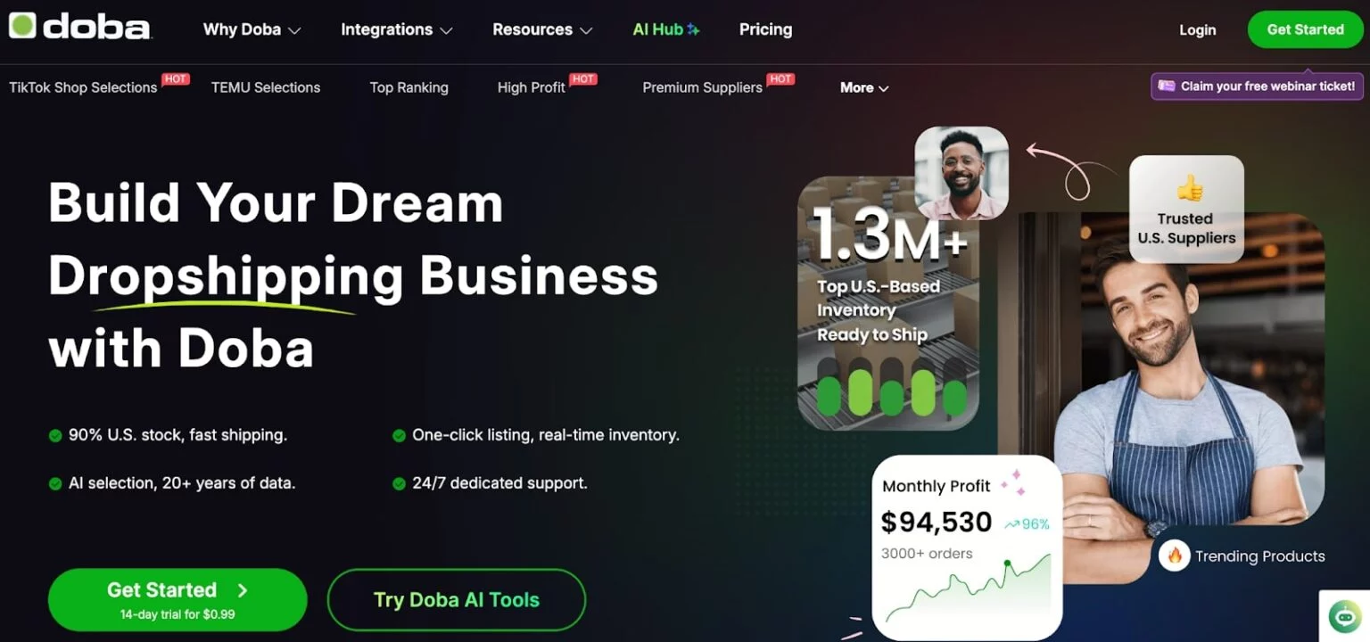 image of Doba website a shopify dropshipping supplier