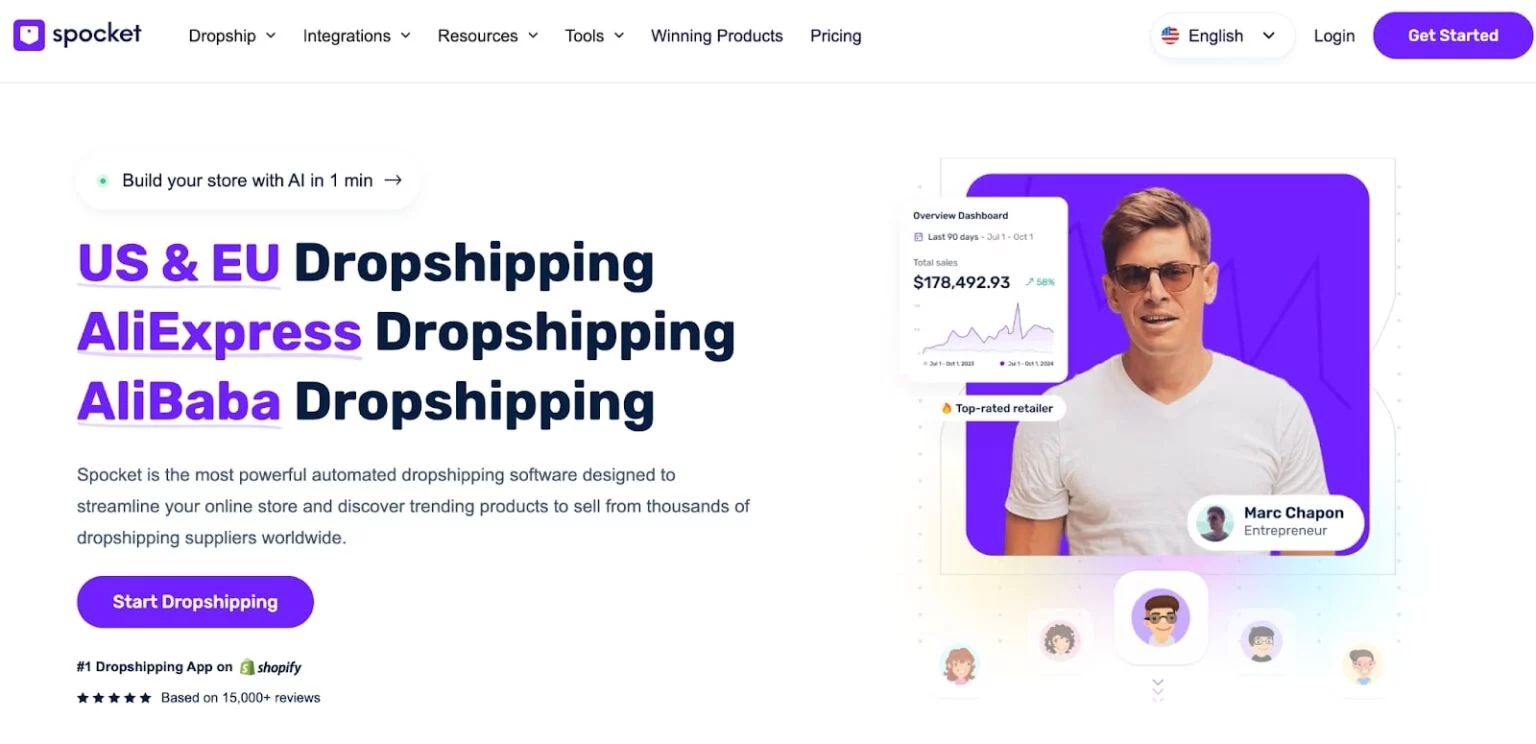 image of Spocket website a shopify dropshipping supplier