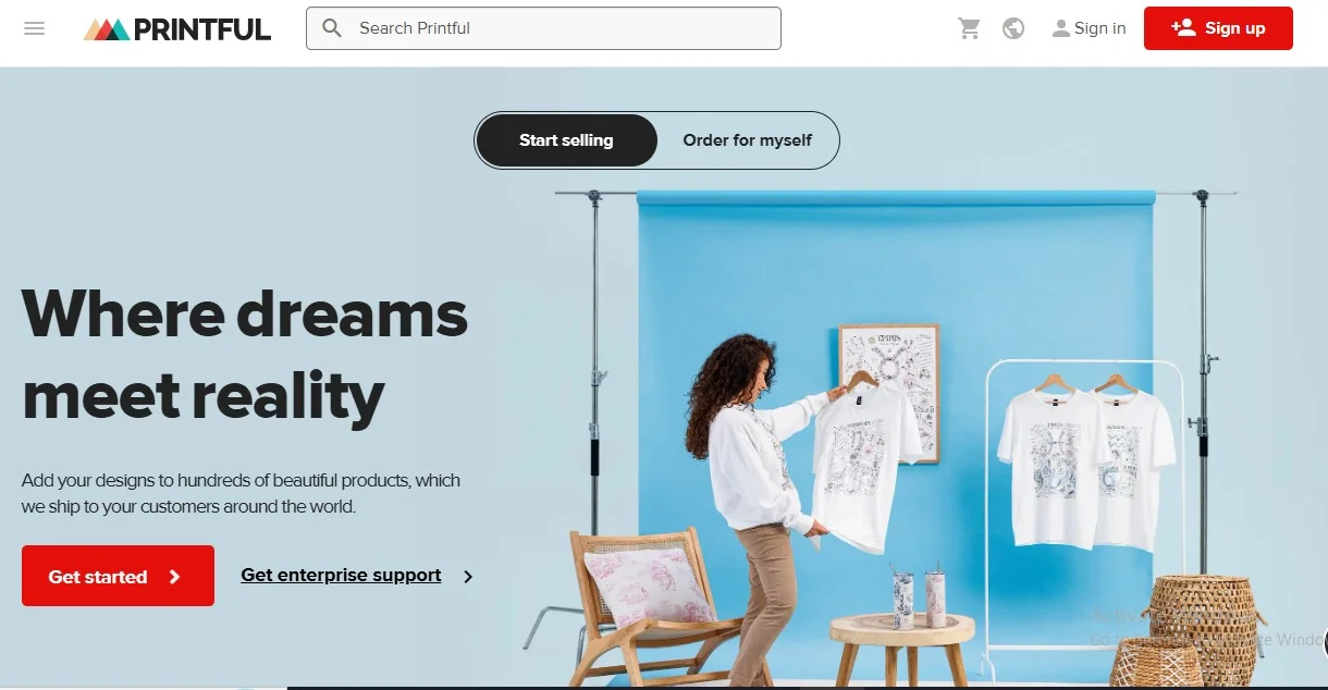 image showing homepage of Printful website