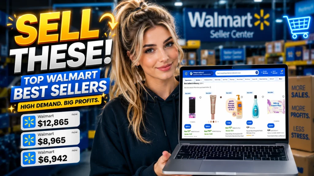 image showing a girl with laptop in hand showing the best selling items at walmart