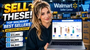 image showing a girl with laptop in hand showing the best selling items at walmart
